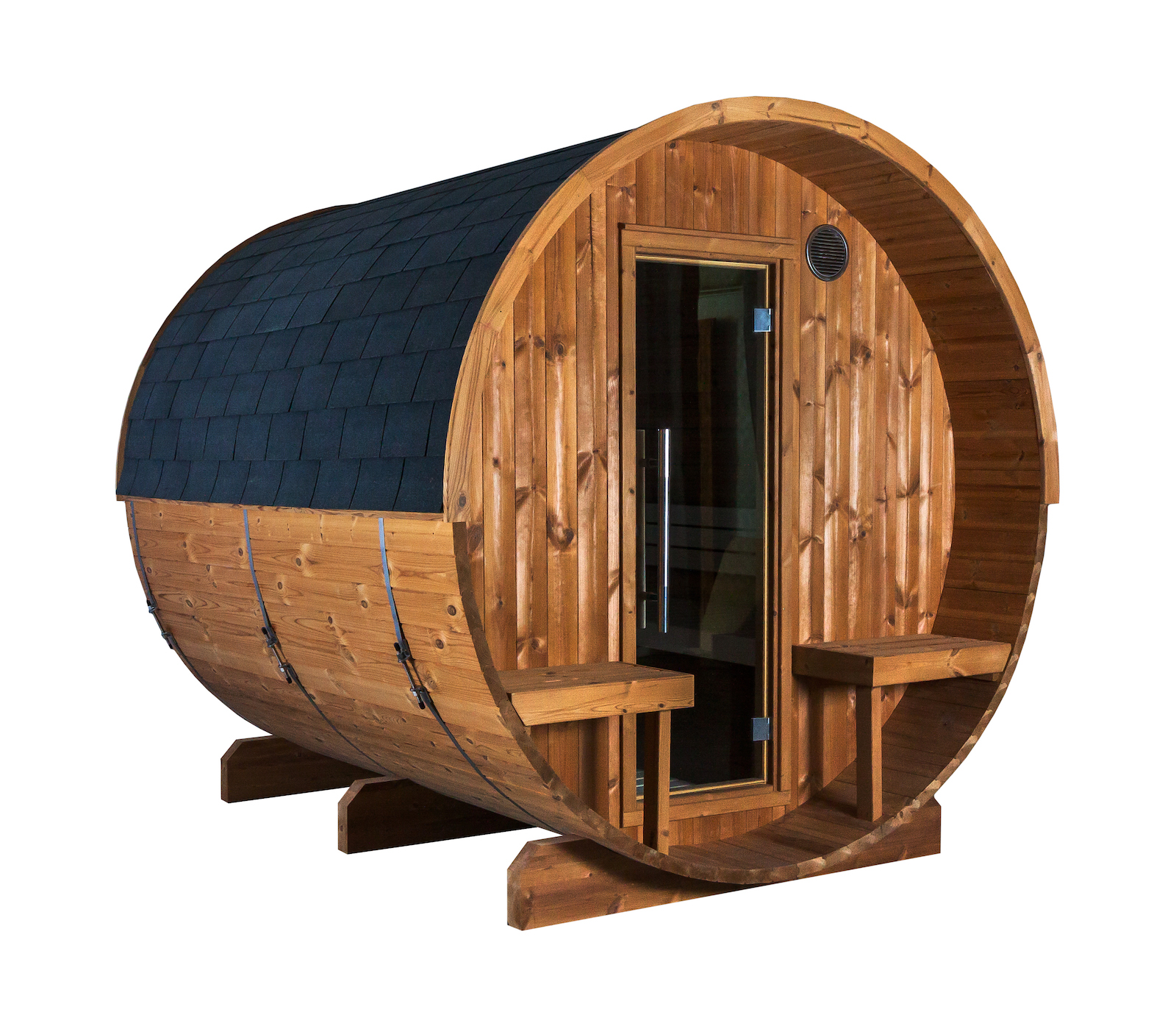 Harvia Kaski 240 Panorama Canopy Fasssauna Außensauna aus Thermo-Kiefer Ø 220 x 240 cm