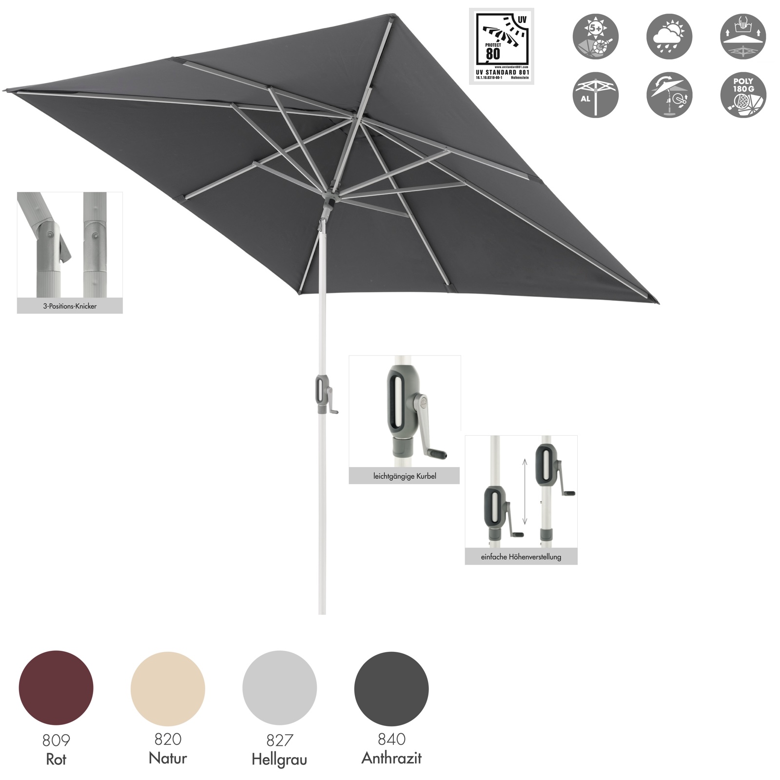 Doppler ACT 240 x 240 AUTO-TILT Sonnenschirm 240 x 240 cm Mittelmastschirm Kurbelschirm 4 Farbvarianten