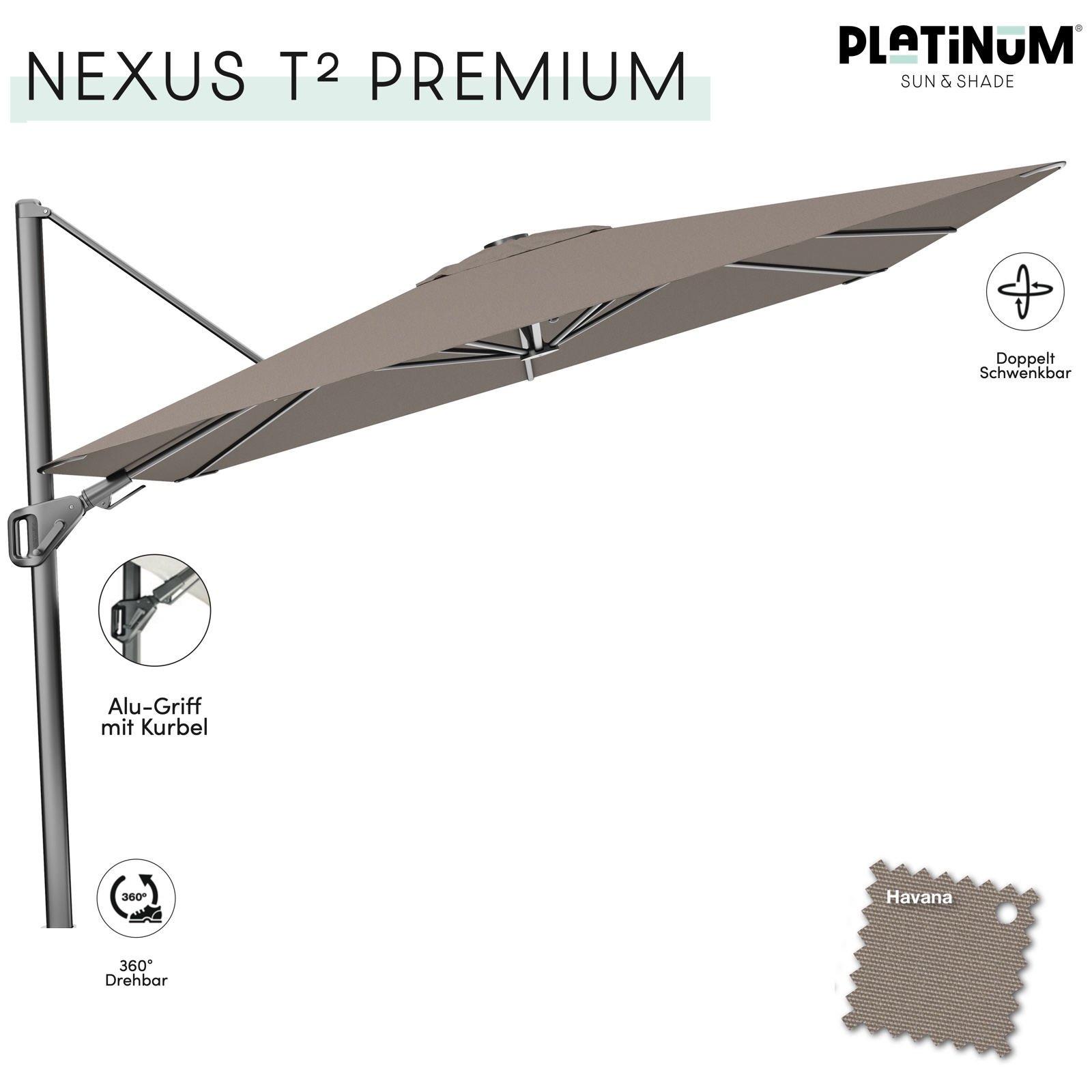 Platinum Nexus T² Premium Ampelschirm quadratisch 300 x 300 cm Freiarmschirm Havana