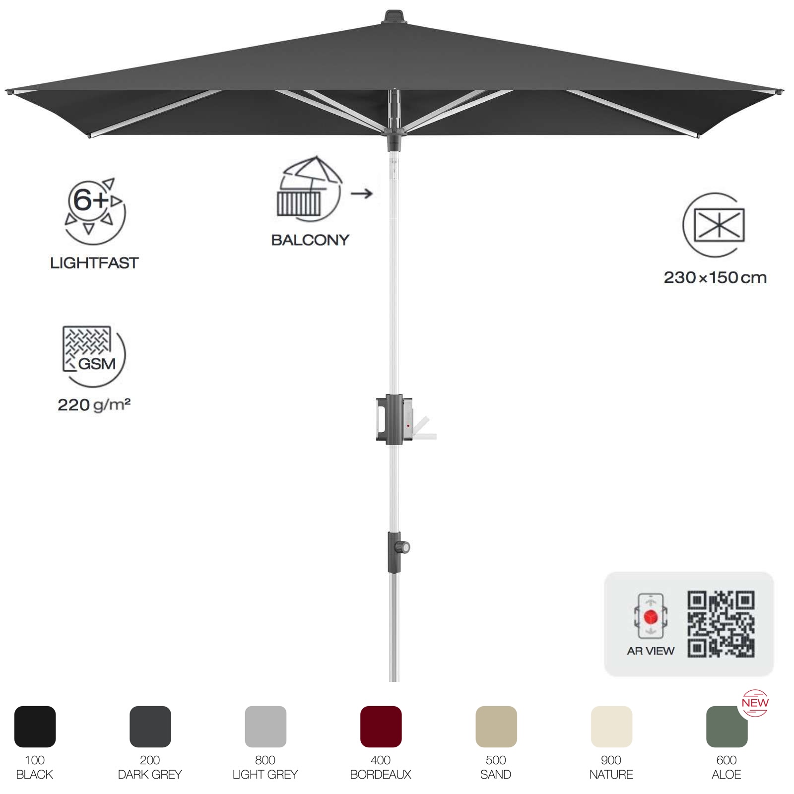 KNIRPS APOLL 230 x 150 cm rechteckig Balkonschirm 7 Farbvarianten Sonnenschirm