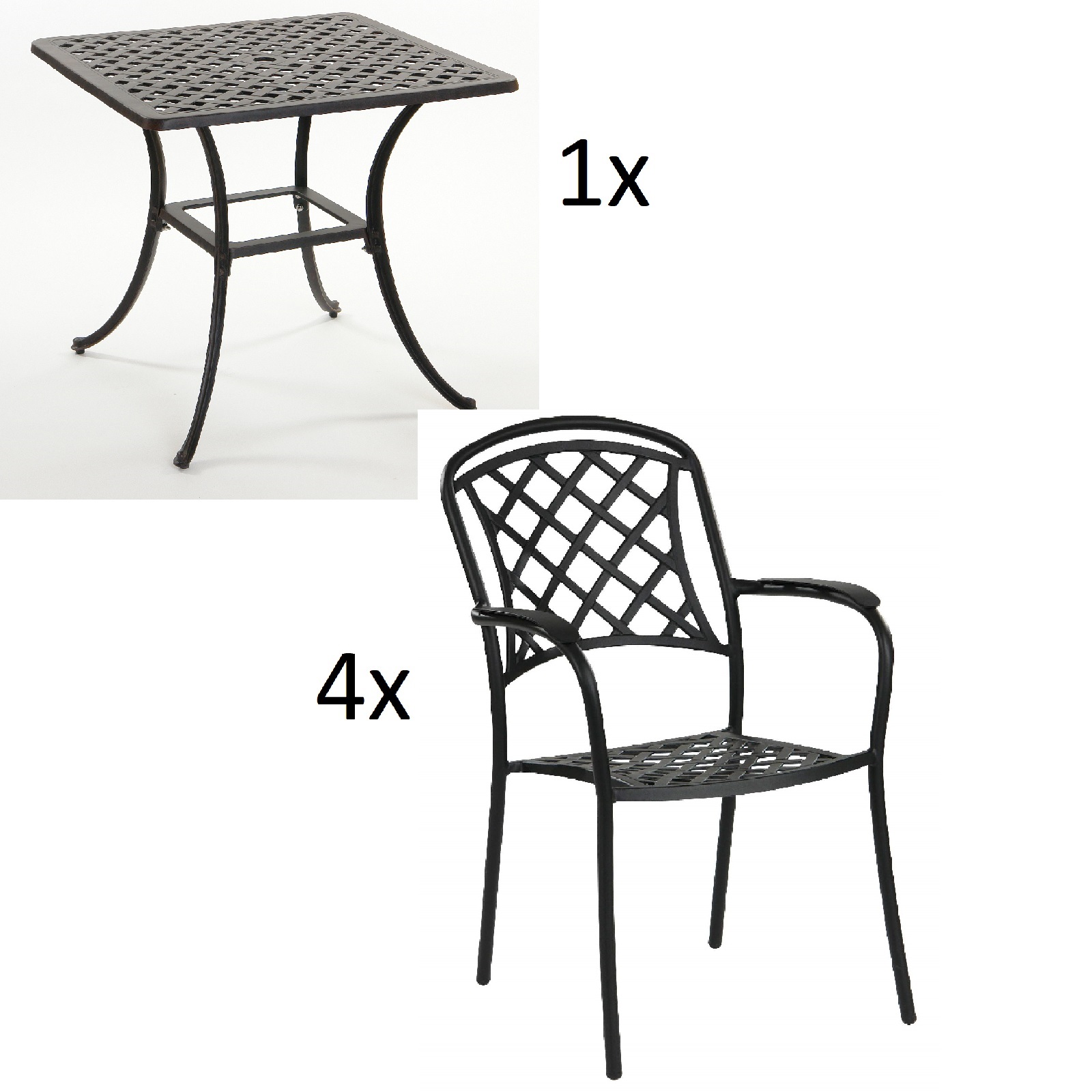 Inko 5-teilige Sitzgruppe Aluminium Guss bronze Tisch 80x80cm mit 4 Sesseln