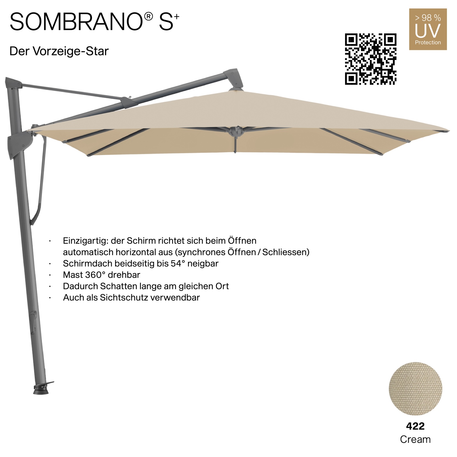 GLATZ Ampelschirm SOMBRANO® S+ quadratisch 300 x 300 cm Freiarmschirm Farbe 422 Cream