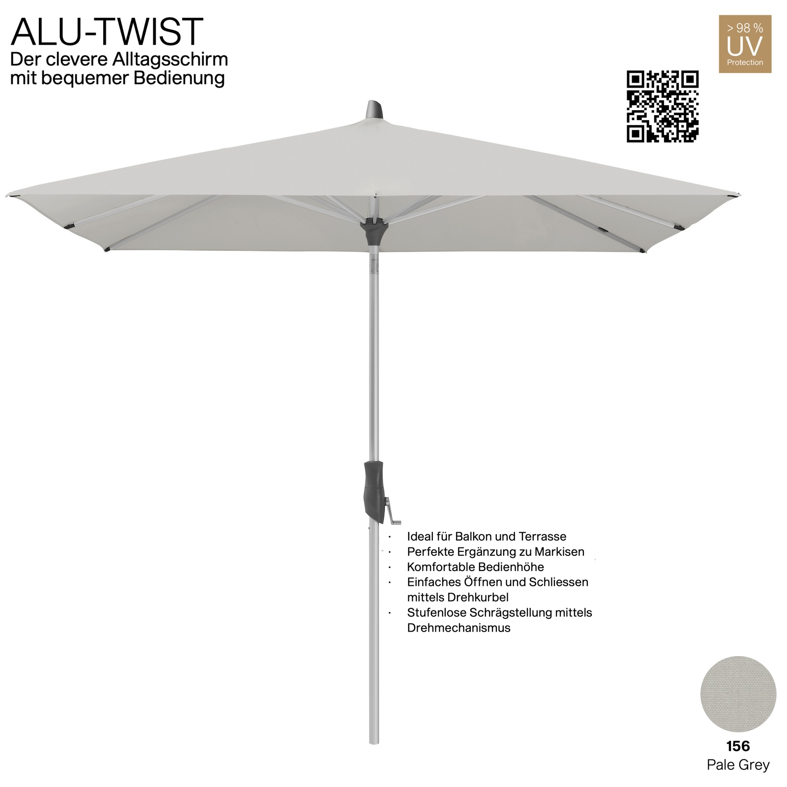 GLATZ Sonnenschirm ALU-TWIST quadratisch 240 x 240 cm Stoffqualität 2 Farbe 156 Pale Grey Mittelstock
