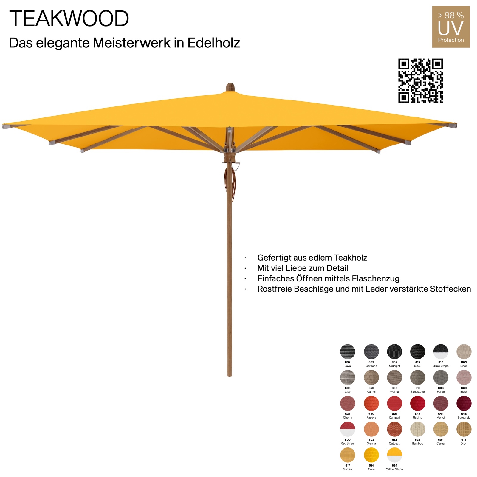 GLATZ Sonnenschirm TEAKWOOD eckig 330 x 330 cm Mittelmastschirm 27 Farbvarianten