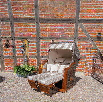 Sonnenpartner Strandkorb Classic Teak 2-Sitzer Halblieger Kunststoff Rundgeflecht in Cappuccino-Optik