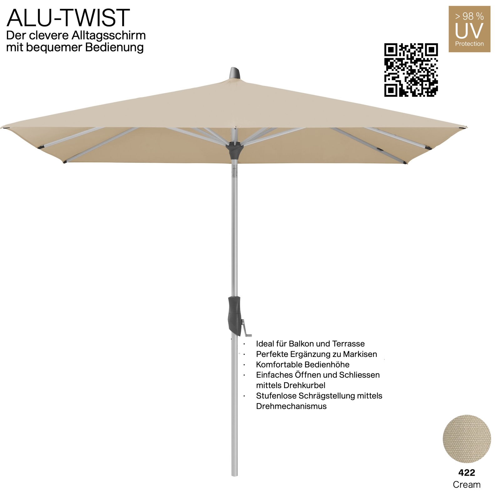 GLATZ Sonnenschirm ALU-TWIST rechteckig 250 x 200 cm Stoffqualität 4 Farbe 422 Cream Mittelstock