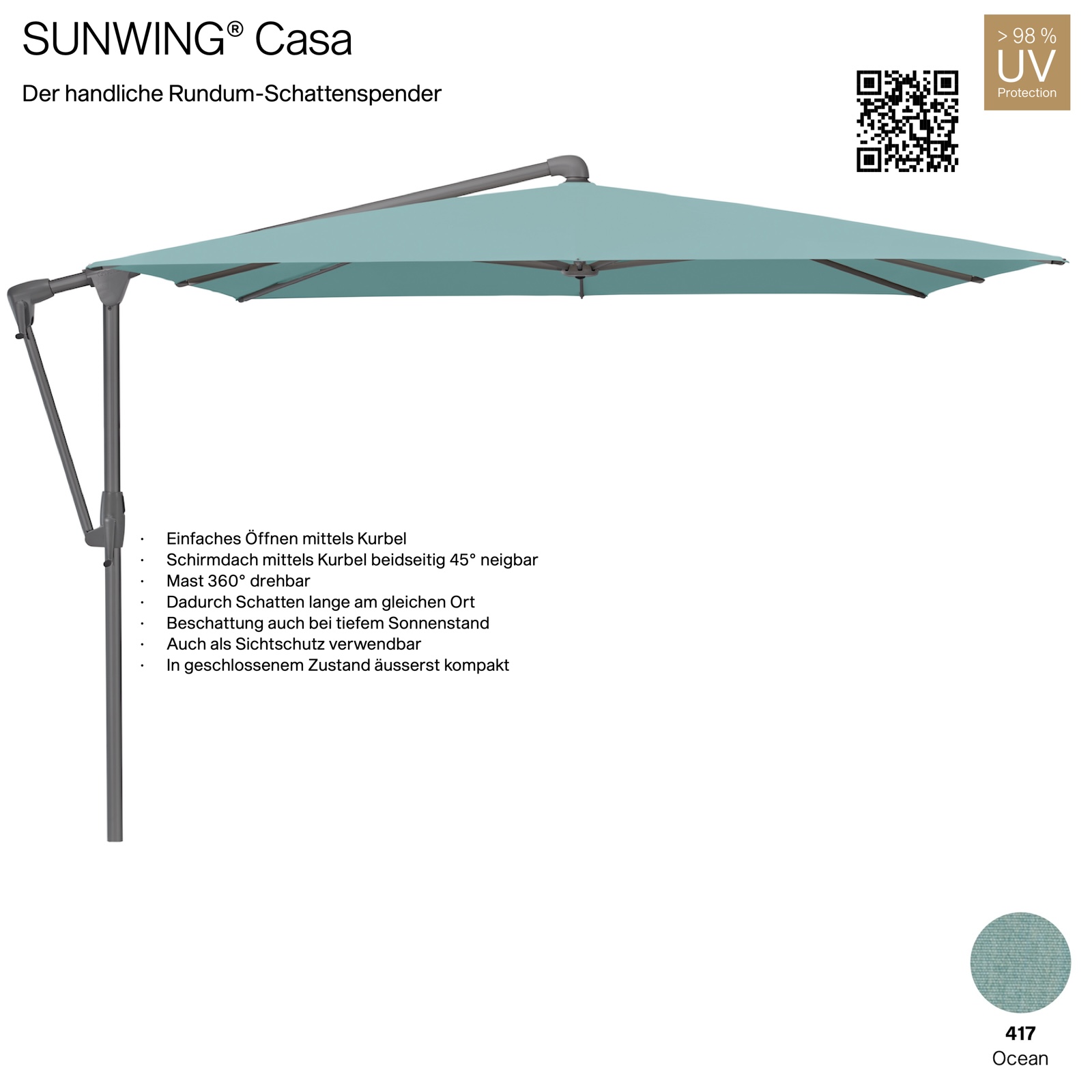 GLATZ Sonnenschirm SUNWING® CASA rechteckig 300 x 240 cm Gestell anthrazit Farbe 417 Ocean Ampelschirm