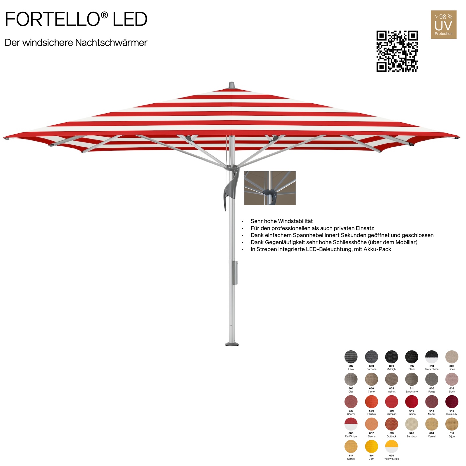 GLATZ Sonnenschirm FORTELLO® quadratisch 400 x 400 cm 100 % Polyacryl inkl. Akku-Pack in 27 Farben