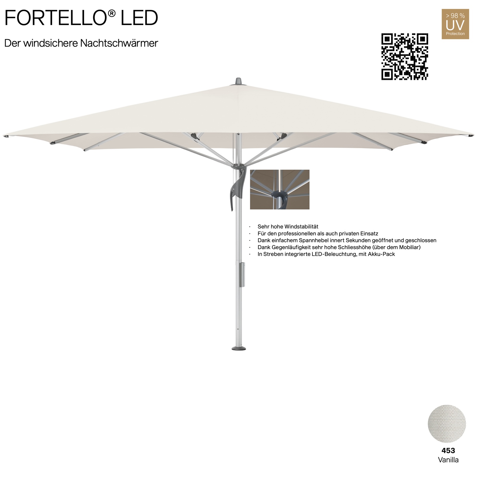 GLATZ Sonnenschirm FORTELLO® quadratisch 400 x 400 cm Farbe 453 Vanilla Mittelmastschirm inkl. Akku-Pack