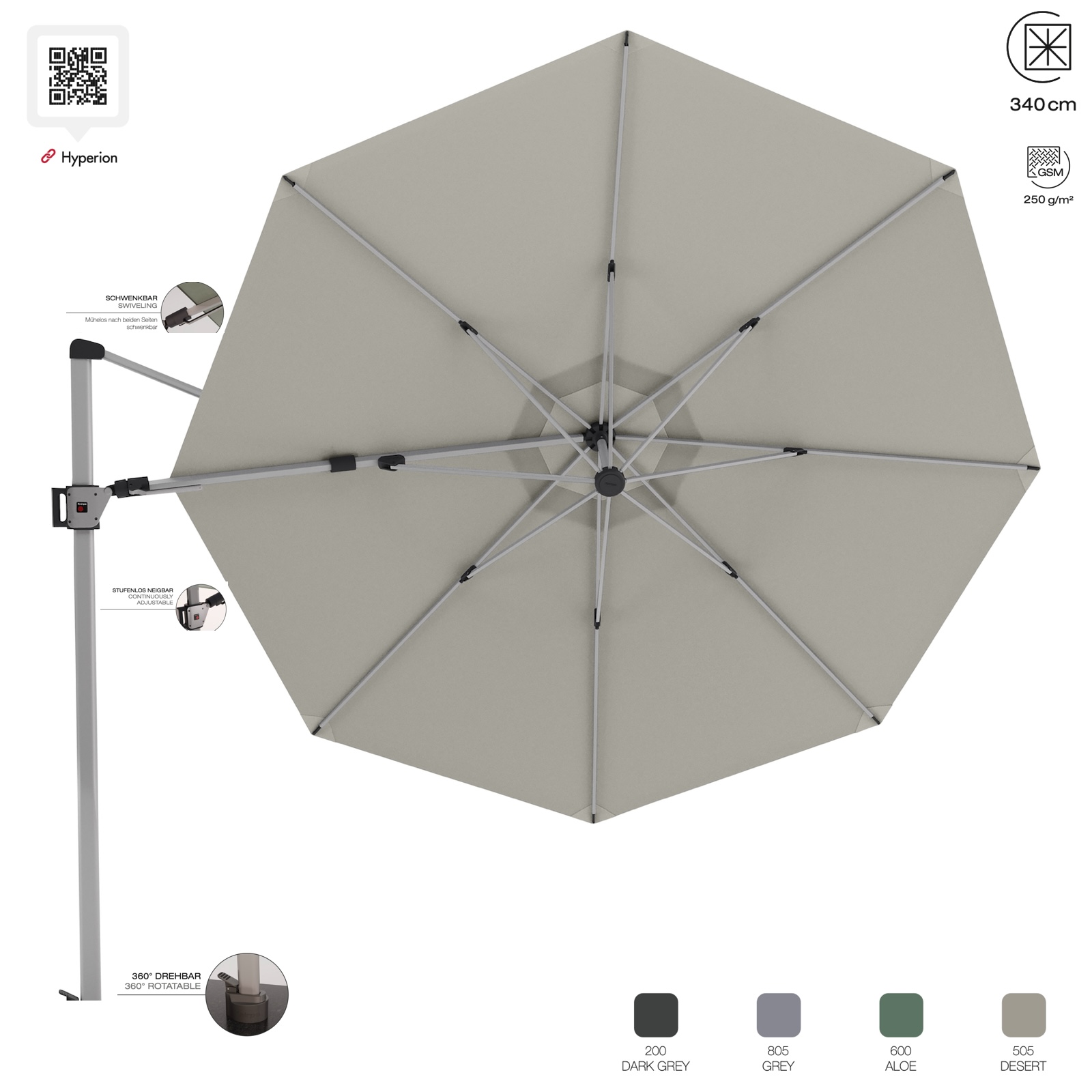 KNIRPS Hyperion Ampelschirm ø 340 cm Sonnenschirm Pendelschirm 4 Farbvarianten