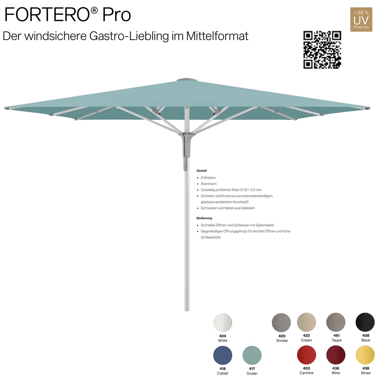 GLATZ Sonnenschirm FORTERO® Pro quadratisch 300 x 300 cm Mittelmastschirm in 10 Farbvarianten