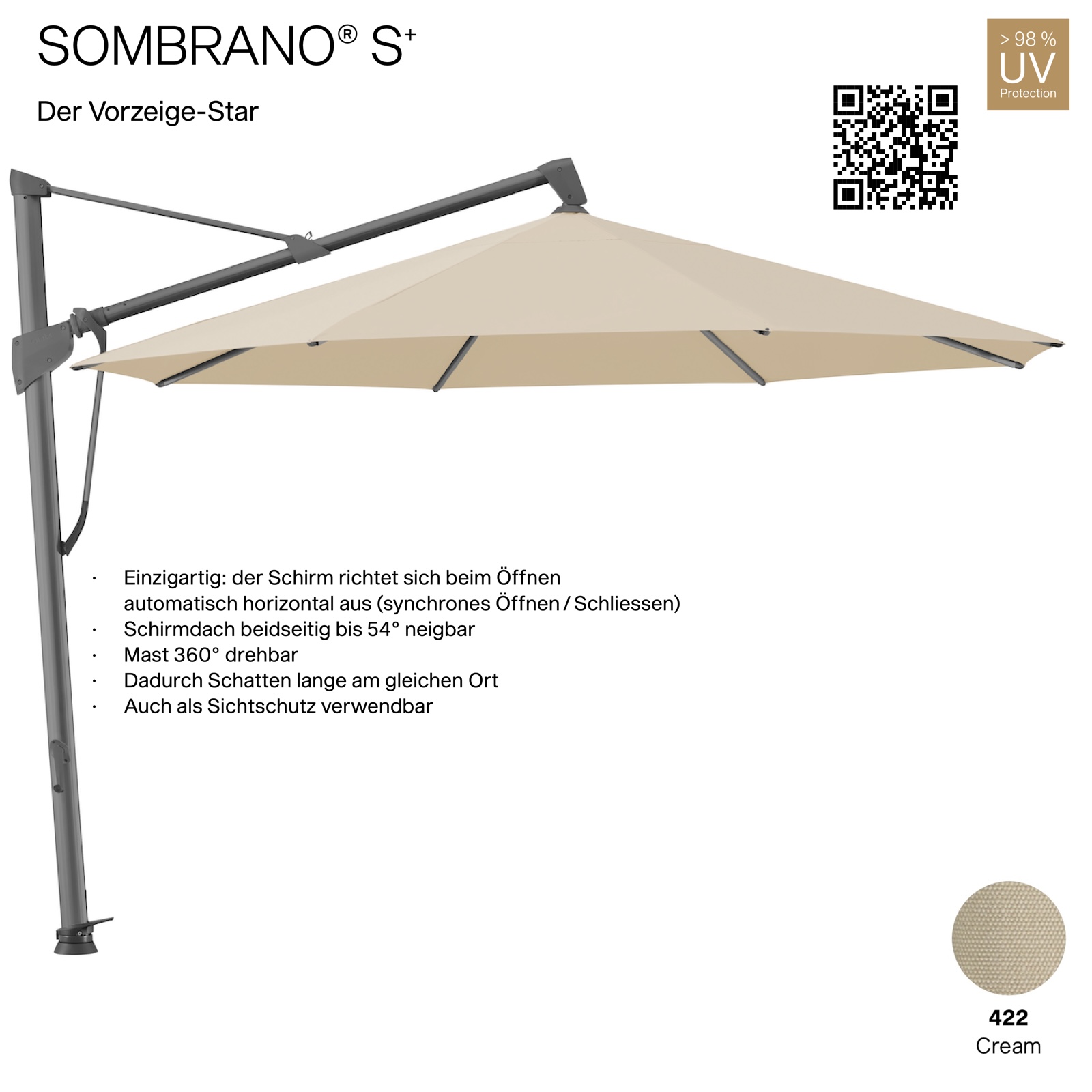 GLATZ Ampelschirm SOMBRANO® S+ rund ø 400 cm Freiarmschirm Farbe 422 Cream