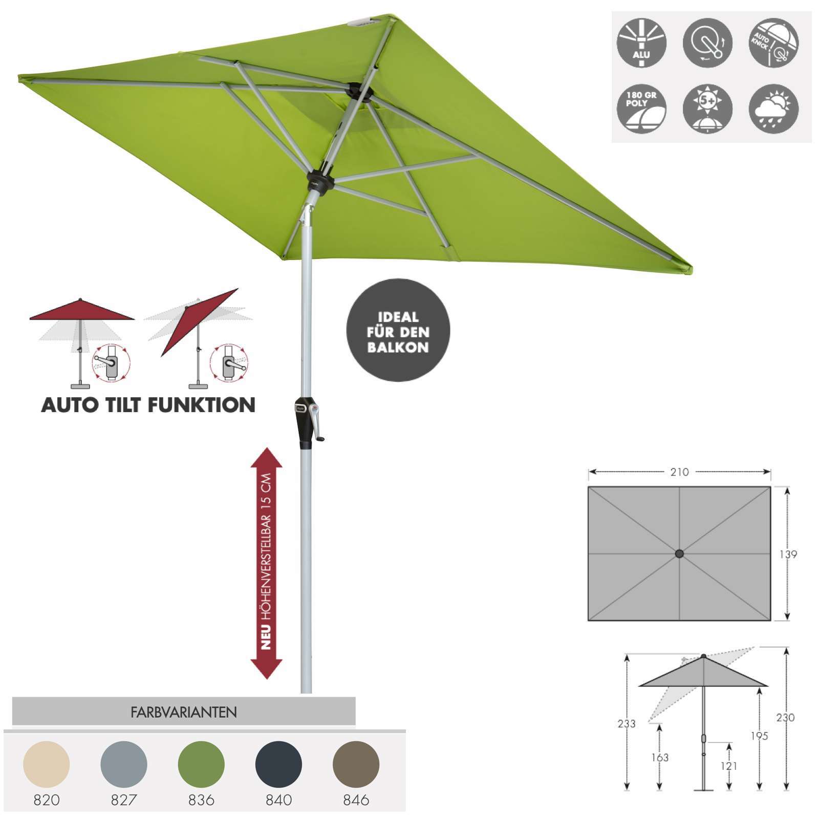 Doppler Active Auto Tilt 210 x 140 cm Sonnenschirm 5 Farben Balkonschirm Mittelmast 457460