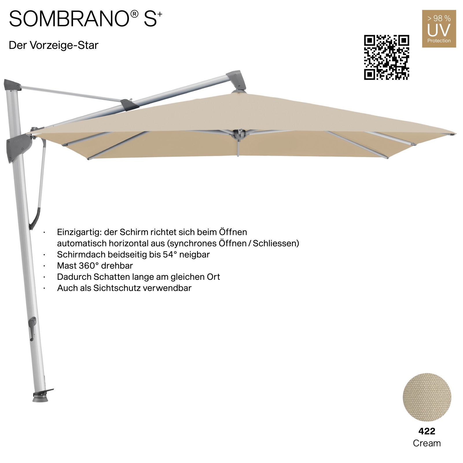 GLATZ Ampelschirm SOMBRANO® S+ rechteckig 400 x 300 cm Freiarmschirm Farbe 422 Cream