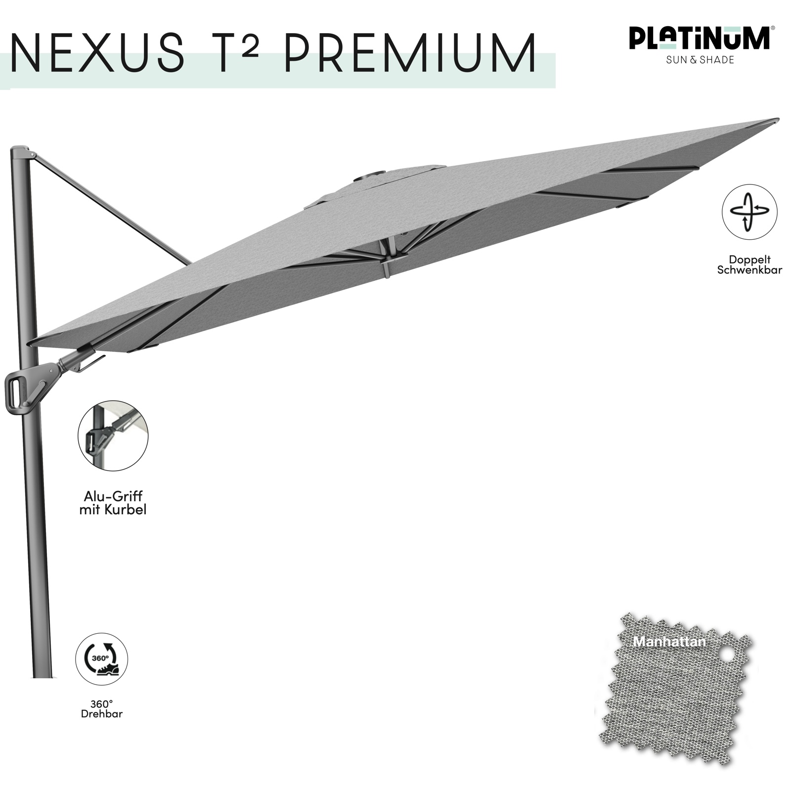 Platinum Nexus T² Premium Ampelschirm quadratisch 300 x 300 cm Freiarmschirm Manhattan