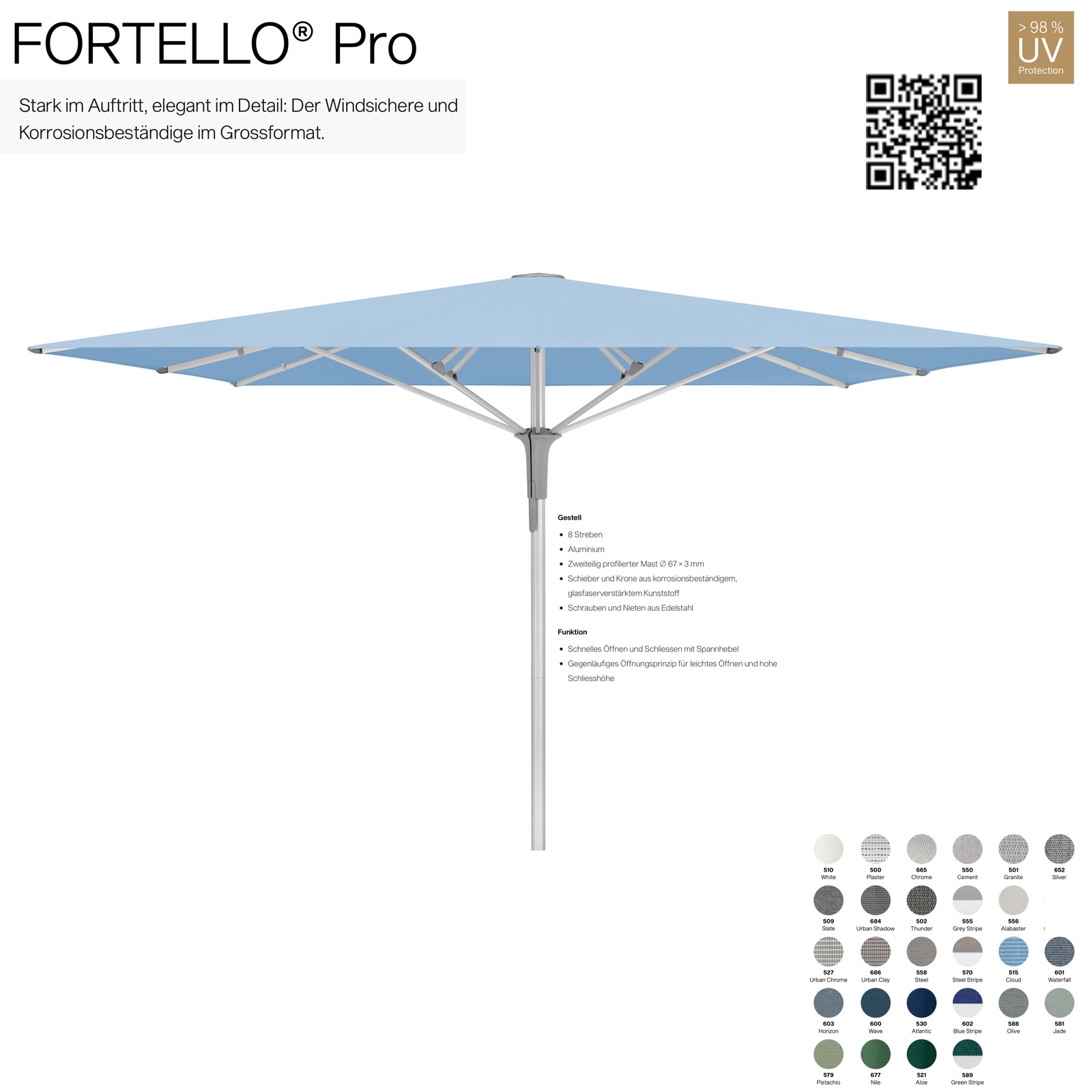 GLATZ Sonnenschirm FORTELLO® Pro quadratisch 400 x 400 cm Mittelmastschirm in 27 Farben