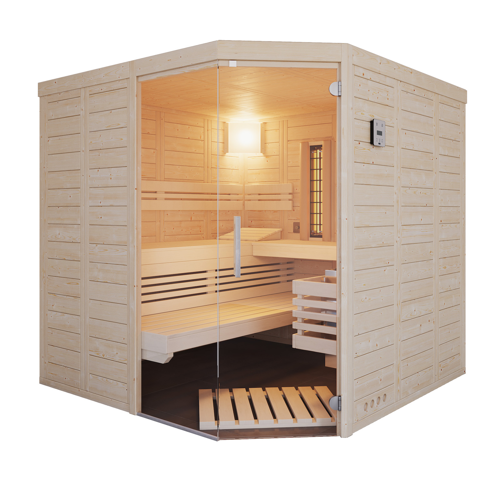 Infraworld Solido Complete 210 Ecke Sauna mit Infrarotstrahler 210x210x200 cm nordische Fichte