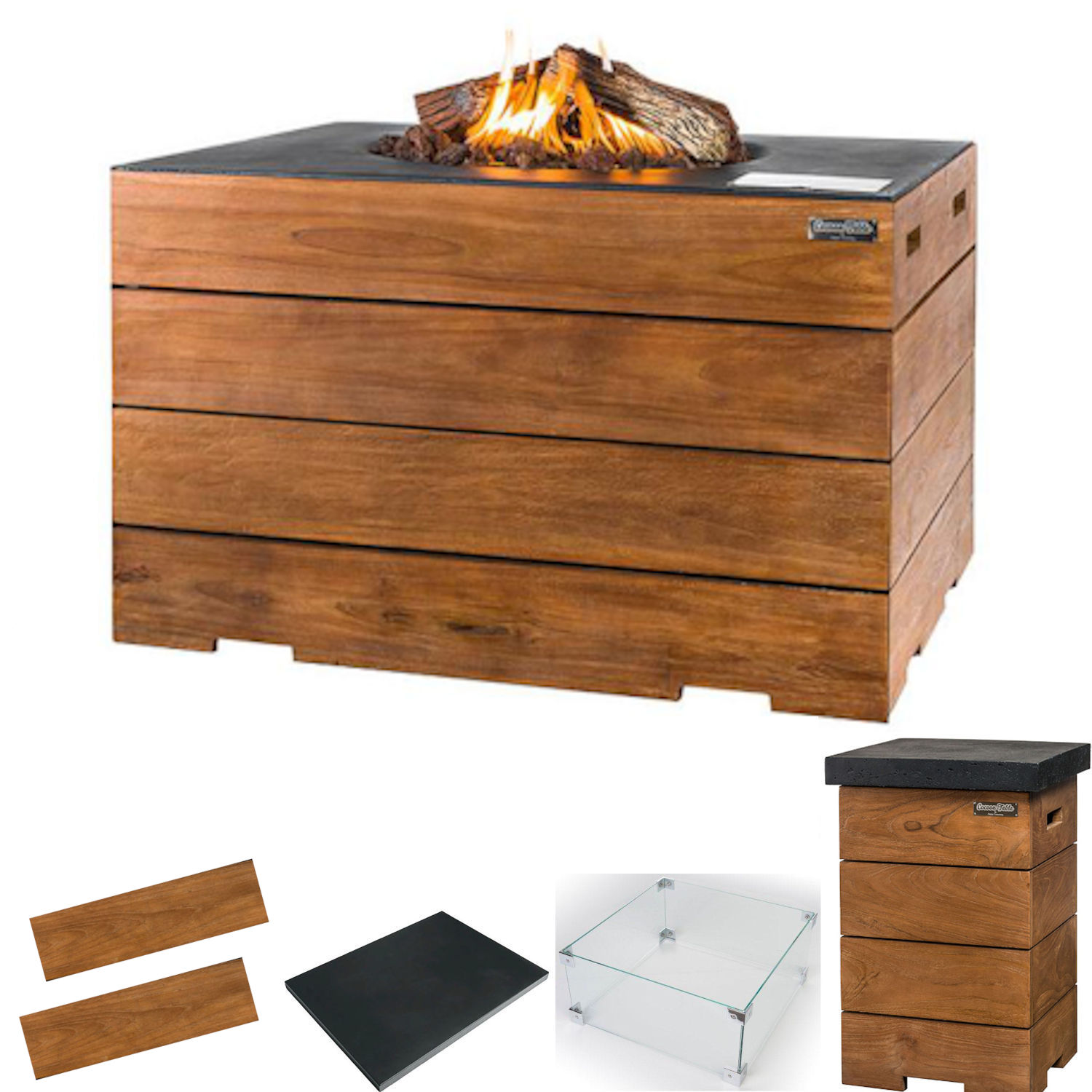 Happy Cocooning Mania Feuertisch Komplettset Lounge&Dining 19,5 kW rechteckig 107x80x67,5 cm Teakholz/schwarz