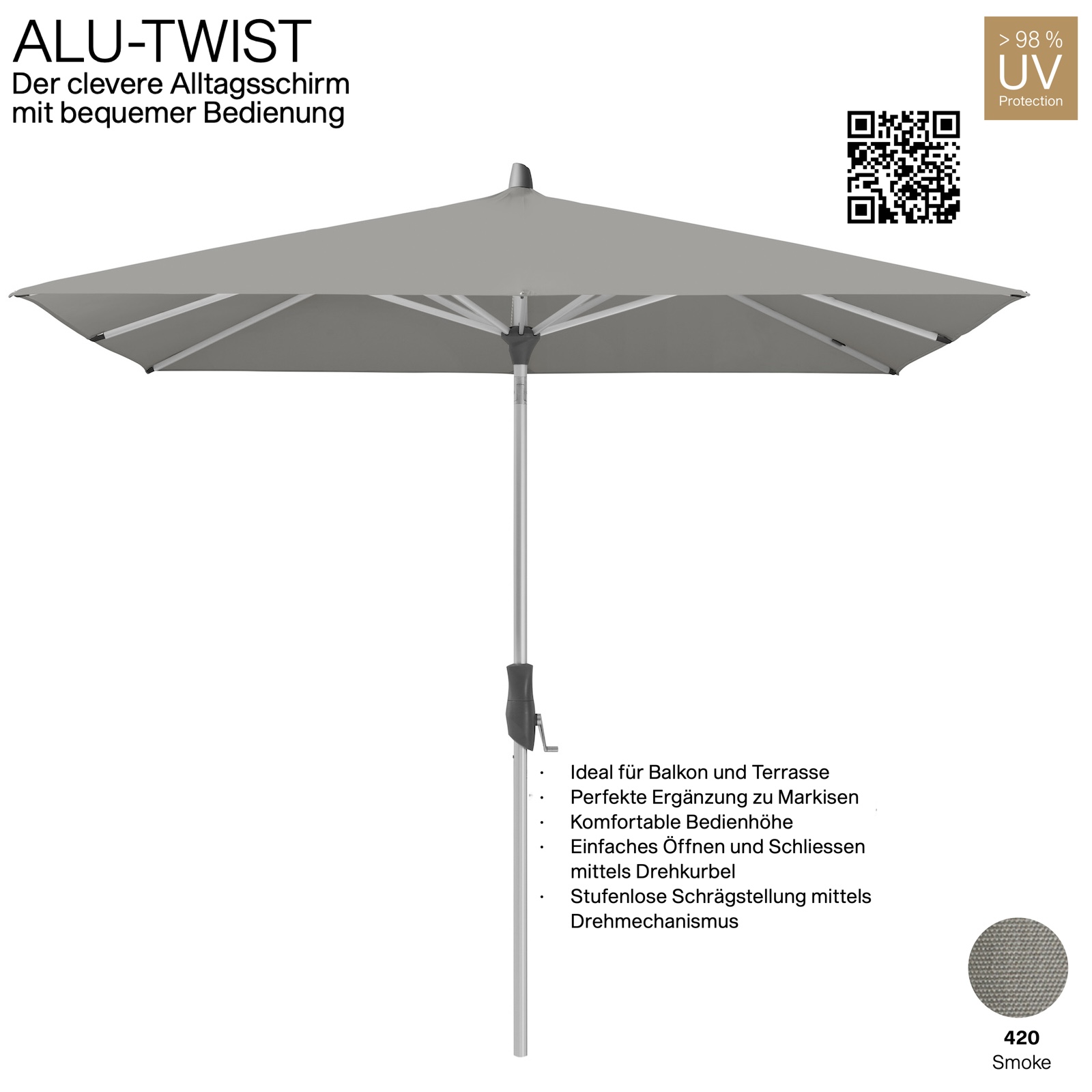 GLATZ Sonnenschirm ALU-TWIST rechteckig 250 x 200 cm Stoffqualität 4 Farbe 420 Smoke Mittelstock