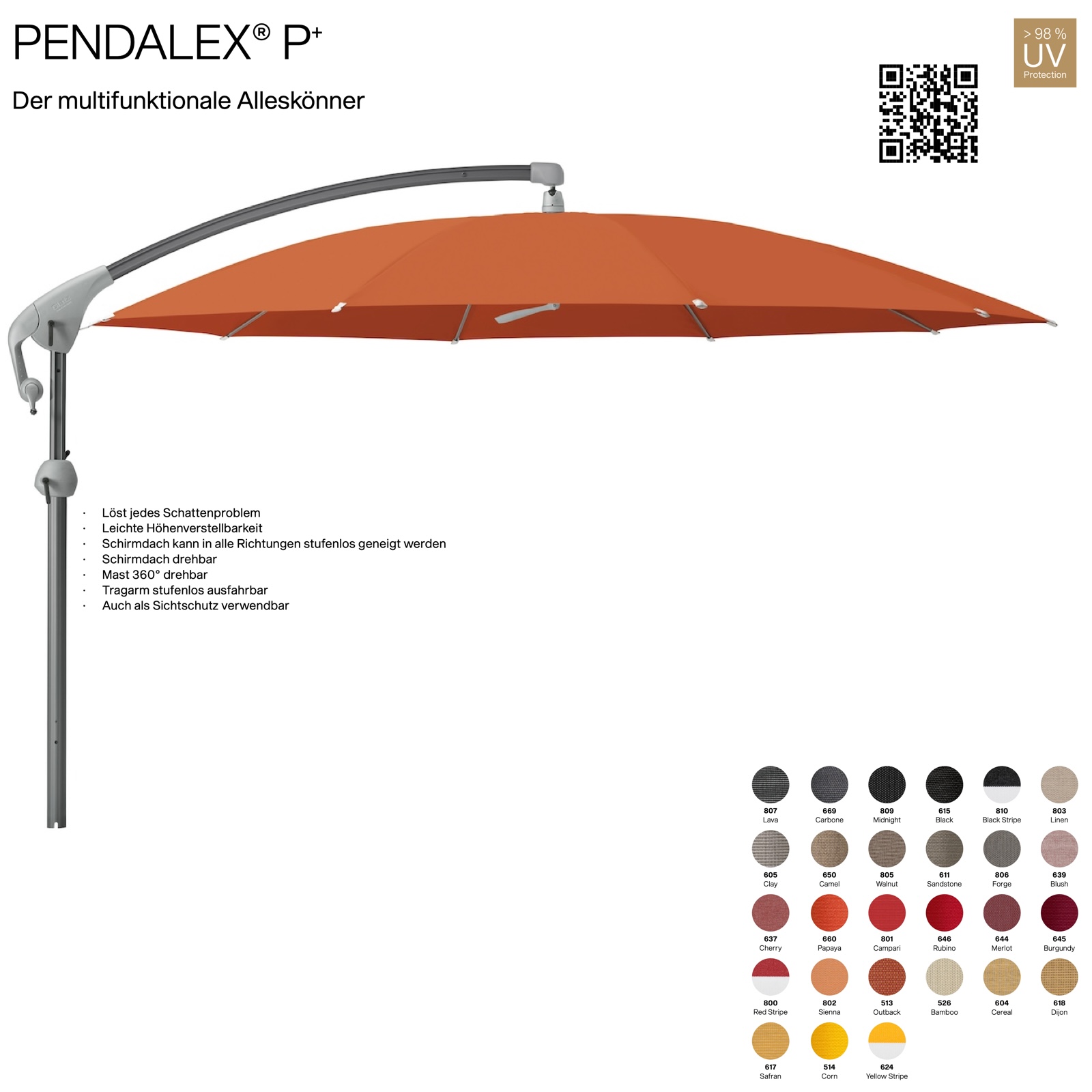 GLATZ Sonnenschirm PENDALEX® P+ rund ø 325 cm Stoffklasse 5 in 27 Farben wählbar Seitenmast