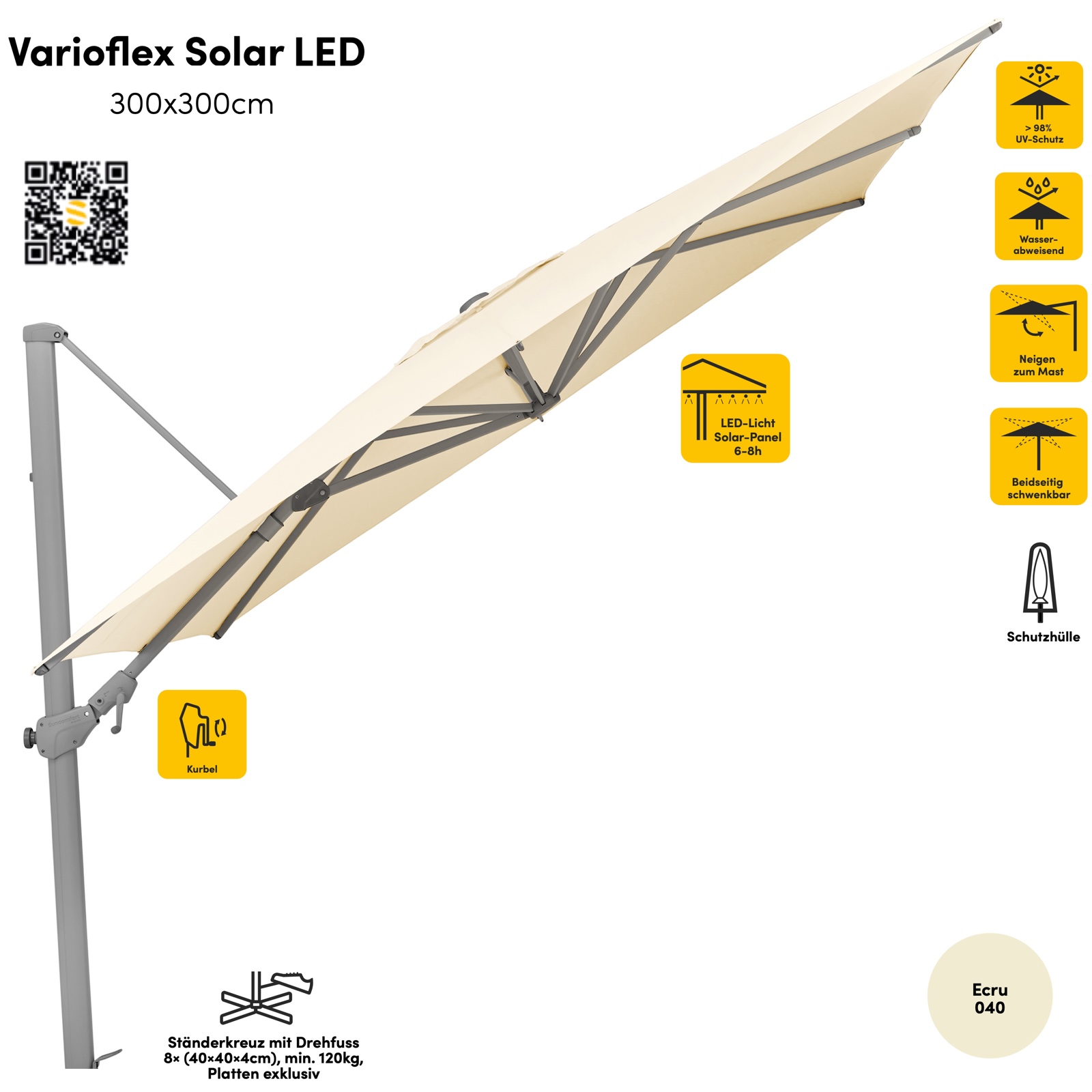 Sonnenschirm SUNCOMFORT® by Glatz Varioflex Solar LED 300 x 300 cm Farbe Ecru 040