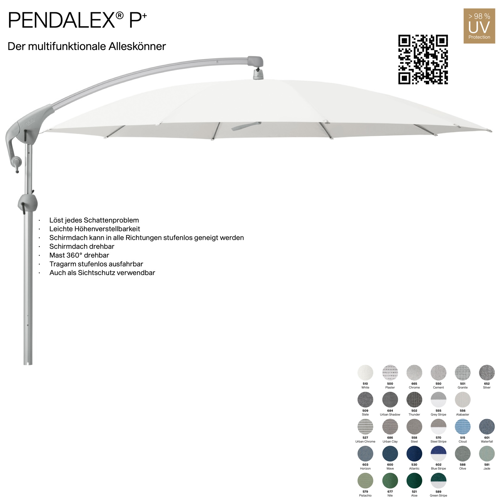 GLATZ Sonnenschirm PENDALEX® P+ rund ø 325 cm Stoffklasse 5 in 27 Farben wählbar Seitenmast