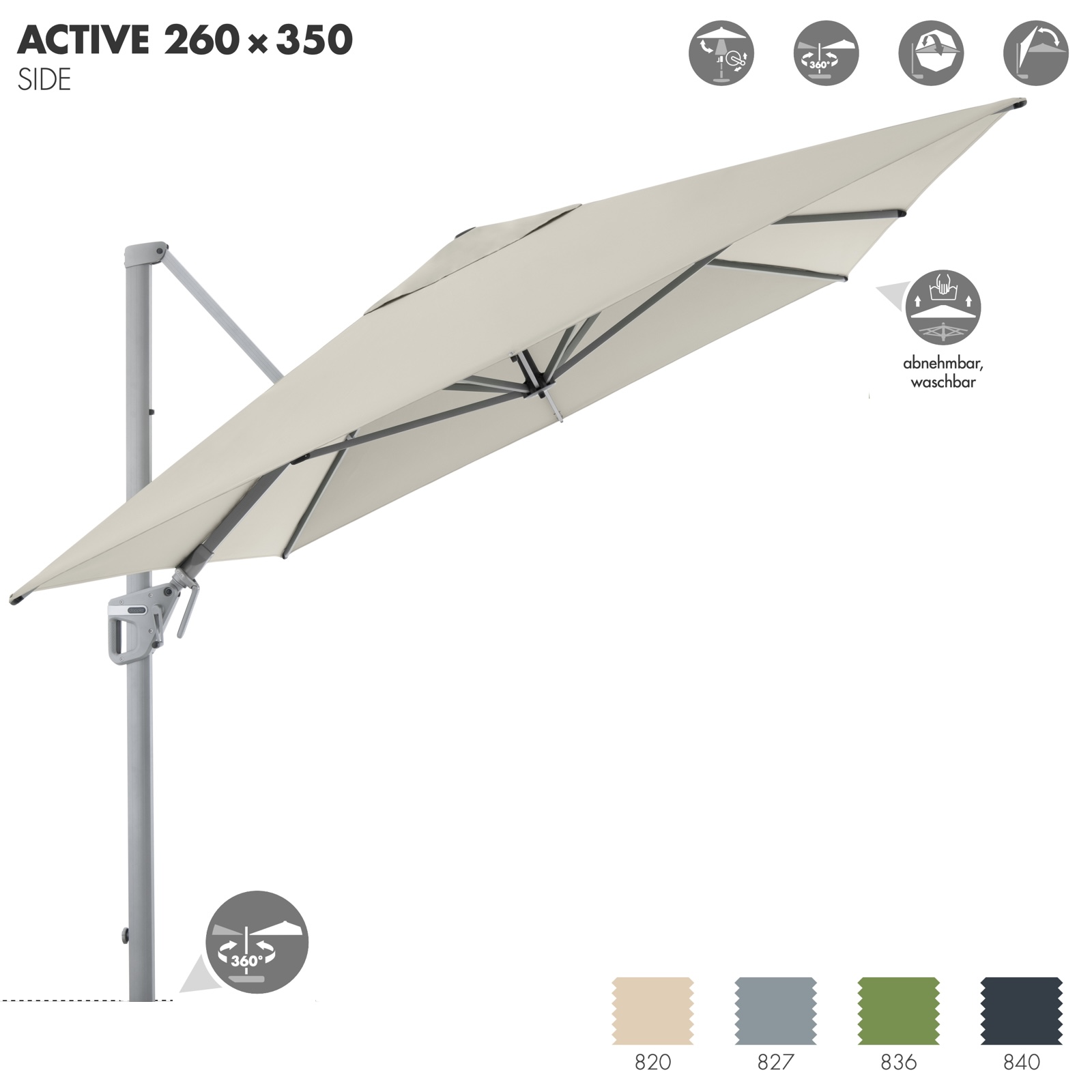 Doppler ACTIVE Neo Side 260 x 350 cm Pendelschirm Sonnenschirm Ampelschirm 4 Farben