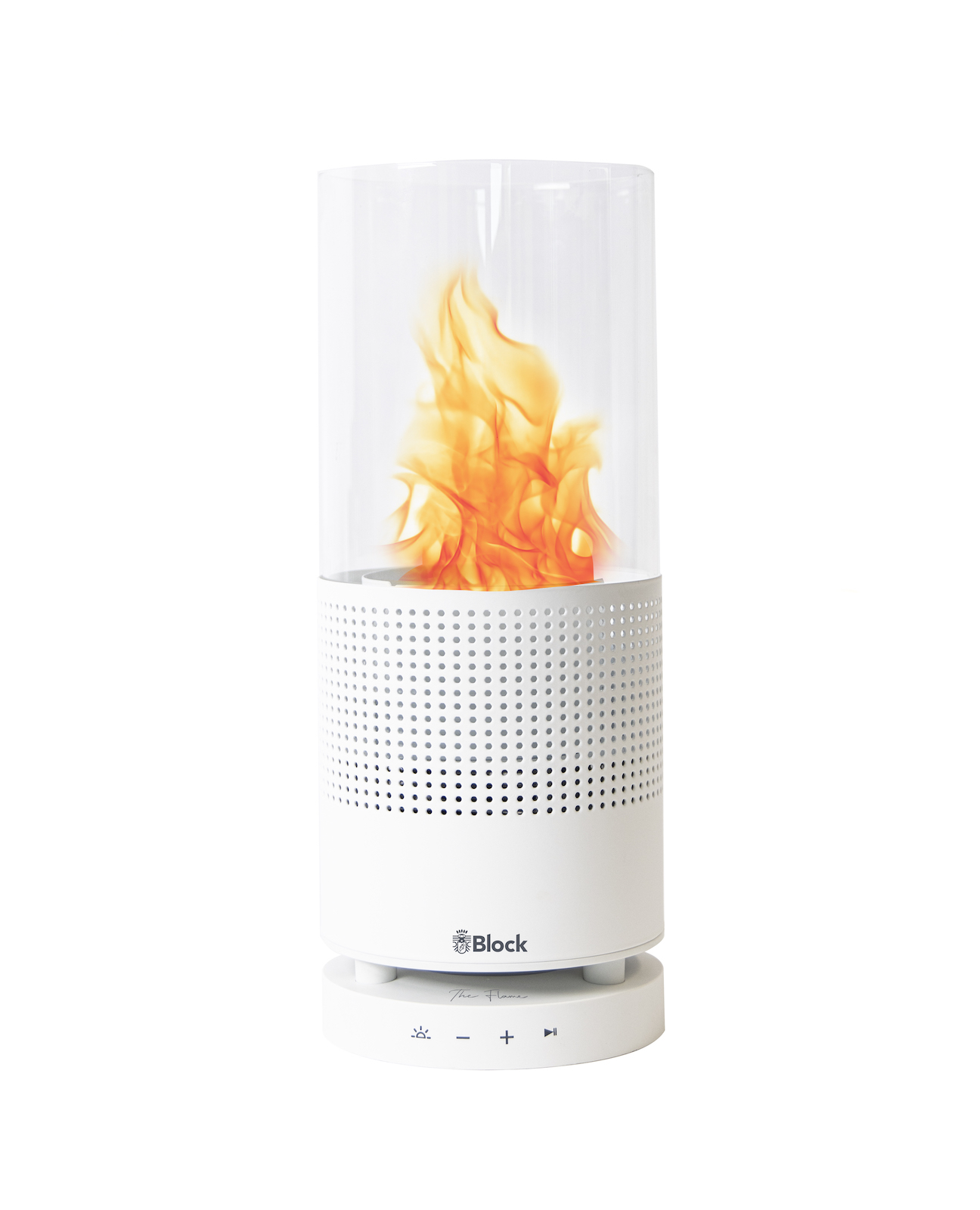 Block The Flame Tischfeuer und Bluetooth Laut­spre­cher von Audioblock weiß