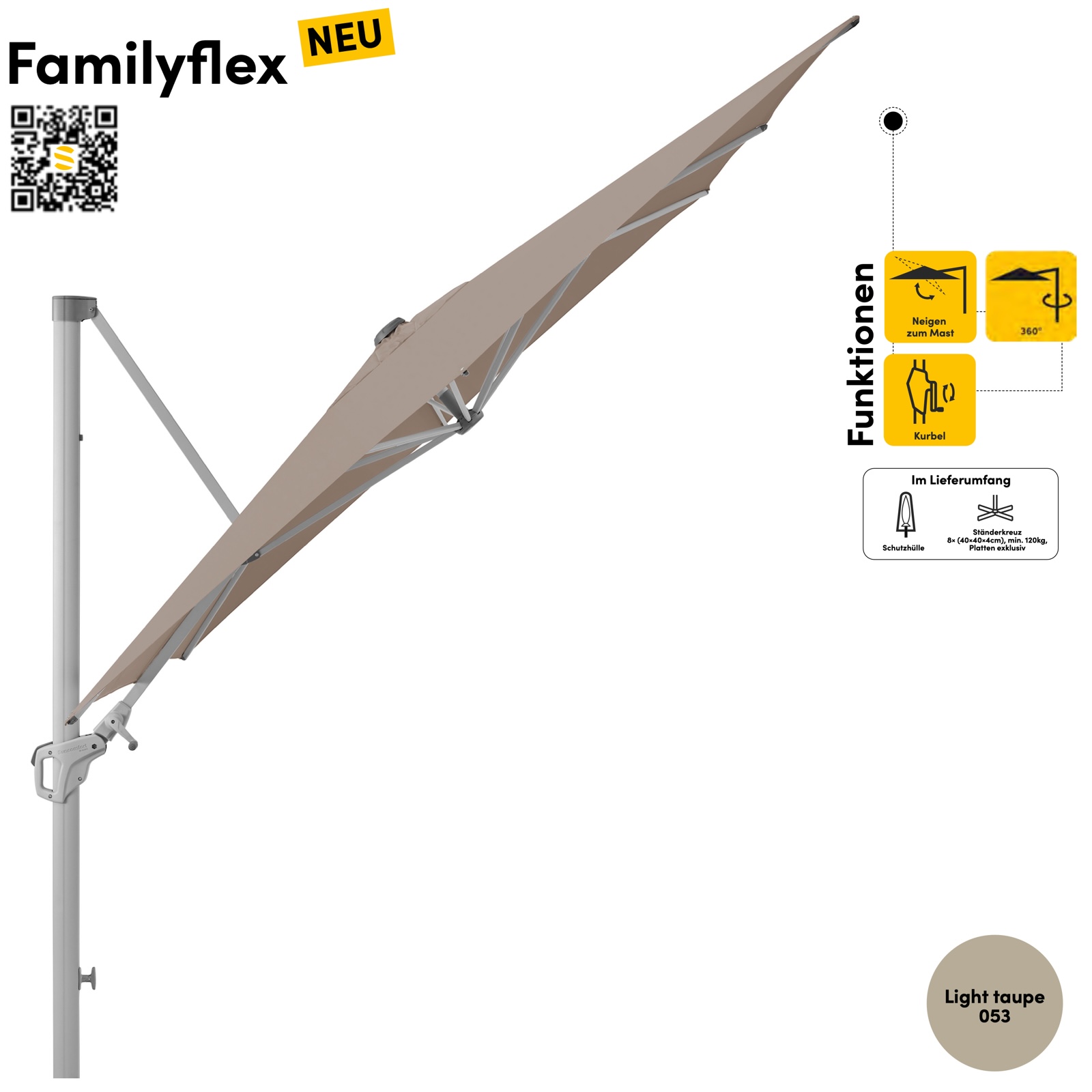 Sonnenschirm SUNCOMFORT® by Glatz Familyflex quadratisch 250 x 250 cm Seitenmastschirm Light Taupe 053