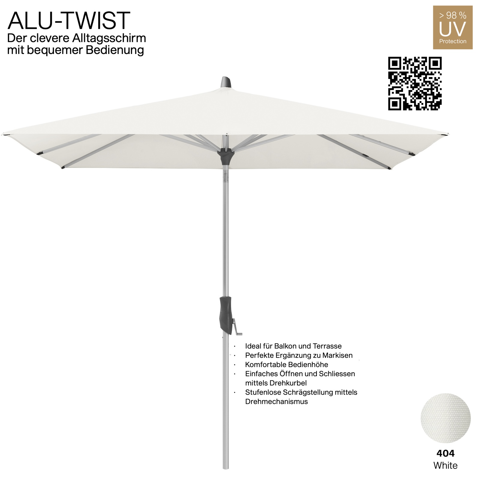 GLATZ Sonnenschirm ALU-TWIST rechteckig 250 x 200 cm Stoffqualität 4 Farbe 404 White Mittelstock