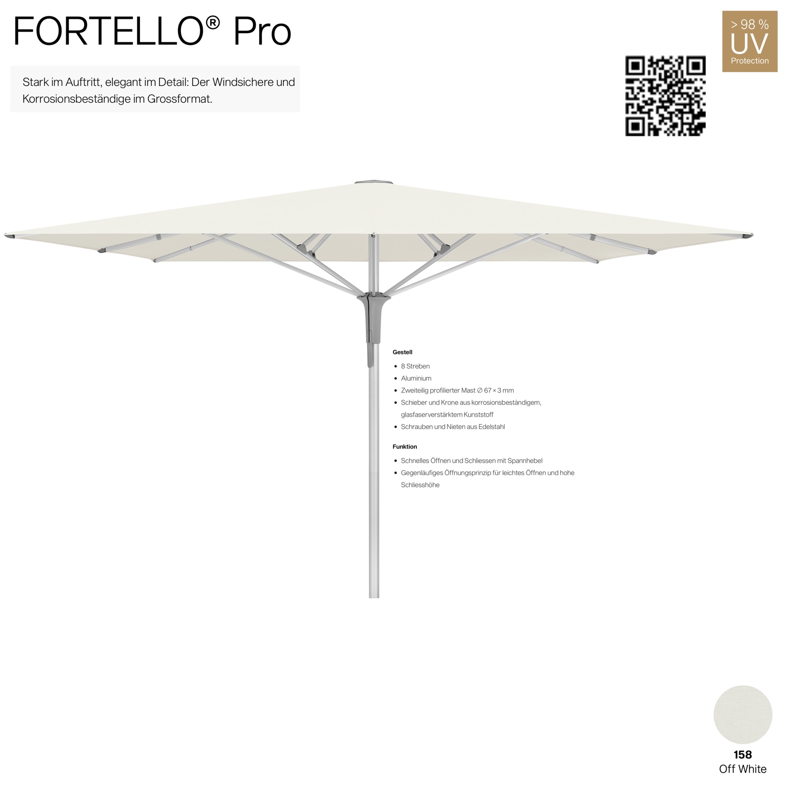 GLATZ Sonnenschirm FORTELLO® Pro quadratisch 350 x 350 cm Farbe 158 Off White Mittelmastschirm