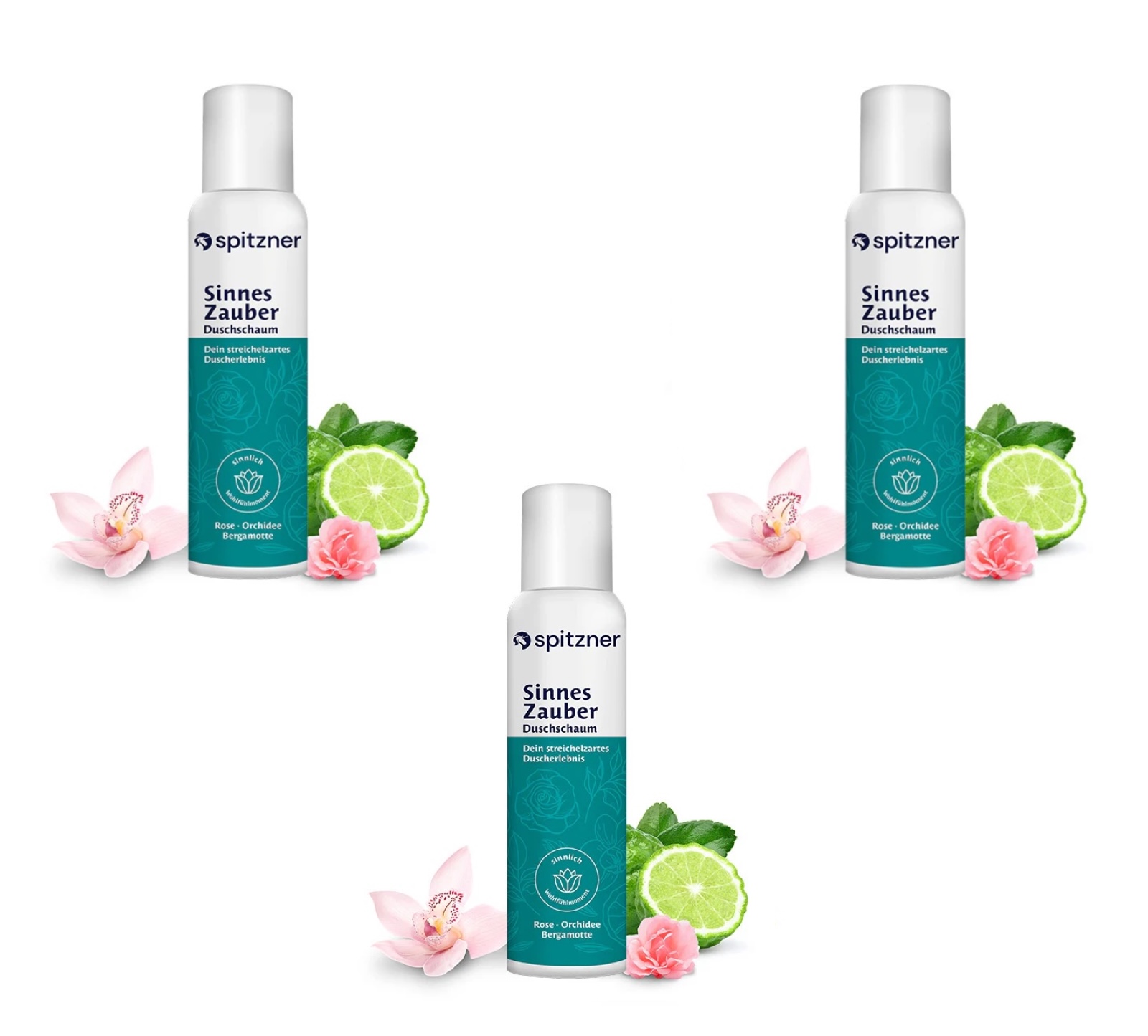 Spitzner Duschschaum Set Sinnes Zauber 3x 150 ml Sinnliche Wellness-Dusche sanft und 100% vegan 3er Set