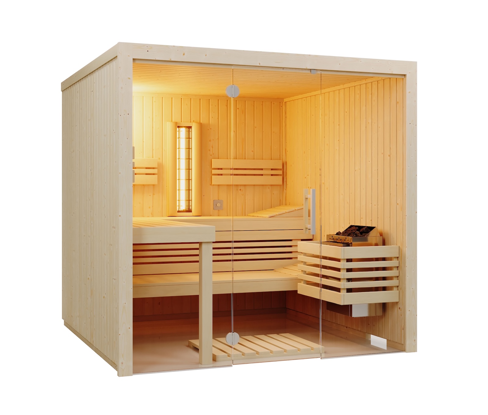 Infraworld Sauna Panorama Complete Fichte 210x162x203cm mit ABC-Strahler Multifunktionssauna