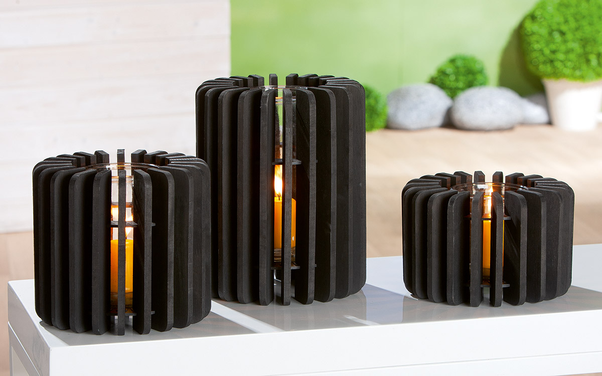 GILDE Windlicht, zylindrisch, "Venta", Holz, schwarz, VE 2, H. 18 cm, D. 20 cm