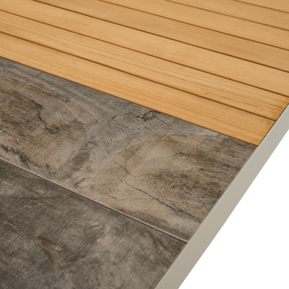 Lindos Tisch 180x100 matt seidengrau Alu,Keramik,Teak FSC 100%