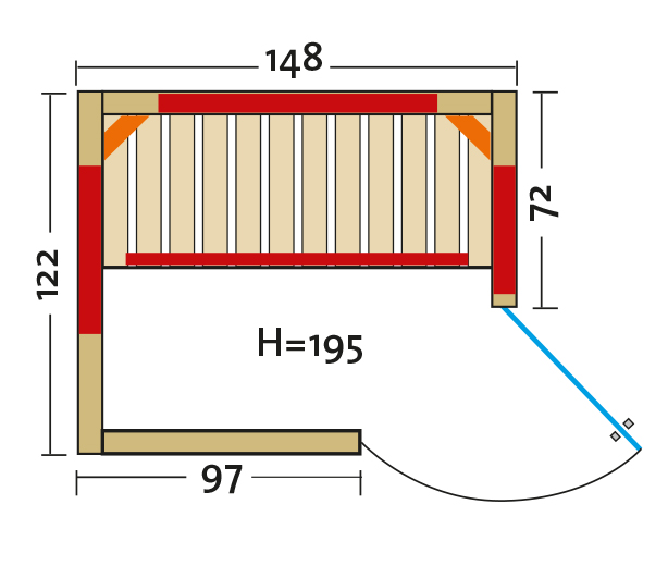 Infraworld Vario Natura 148 Ecke rechts Infrarotkabine mit Infrarotstrahler 148x122x200 cm