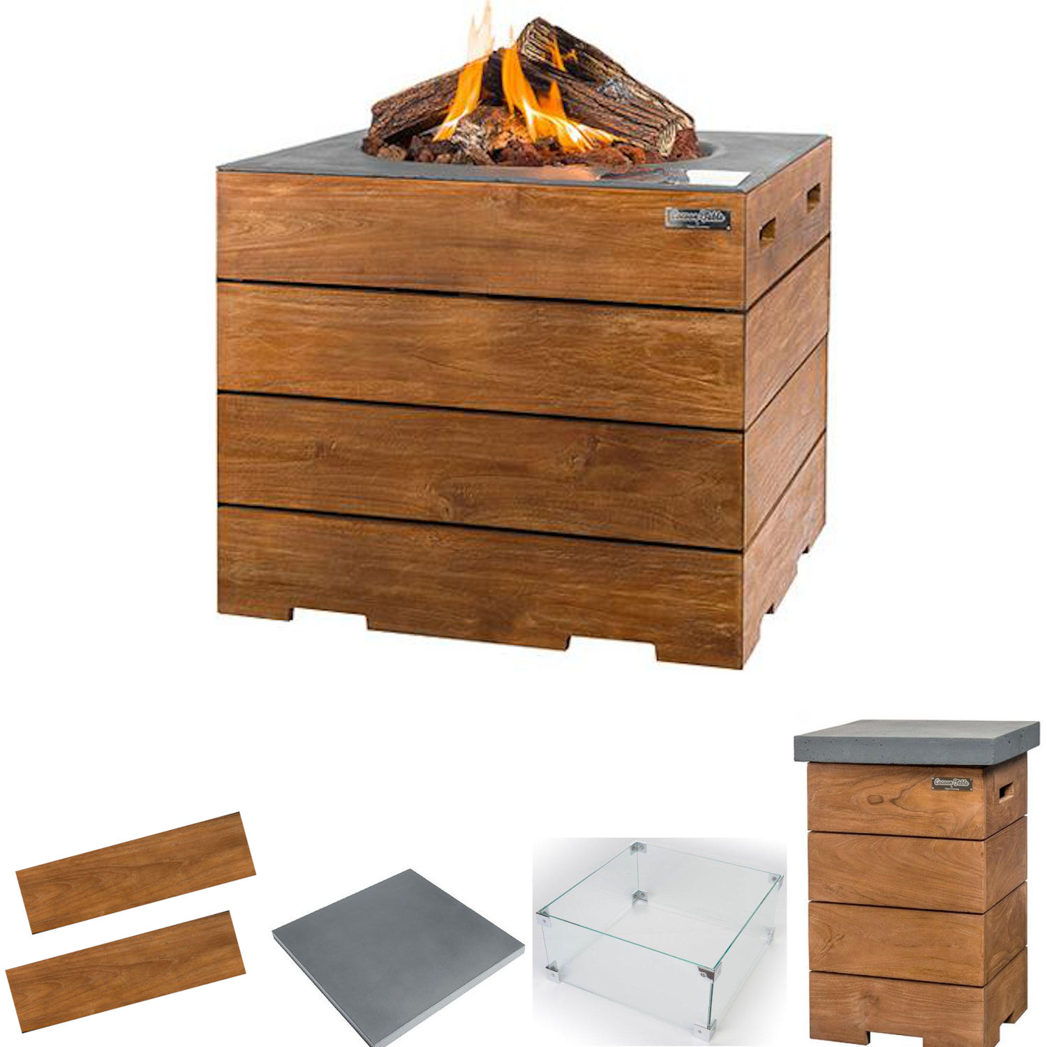 Happy Cocooning Mania Feuertisch Komplettset Lounge&Dining 19,5 kW quadratisch 76x76x67,5 cm Teakholz/grau