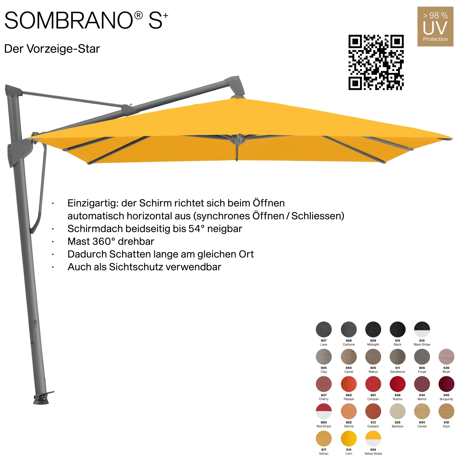 GLATZ Ampelschirm SOMBRANO® S+ quadratisch 300 x 300 cm Freiarmschirm in 26 Farben wählbar