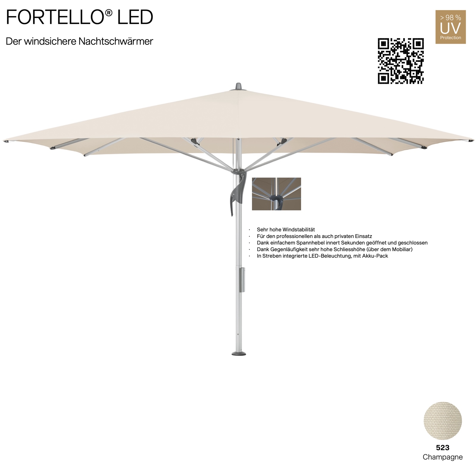 GLATZ Sonnenschirm FORTELLO® quadratisch 350 x 350 cm Farbe 523 Champagne 100 % Polyacryl inkl. Akku-Pack