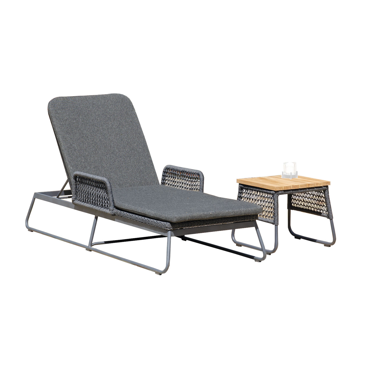 Sonnenpartner Lounge-Liege Poison mit Beistelltisch Teak/Aluminium mit Polyrope dunkelgrau mit Auflage Relaxsessel Gartenliege