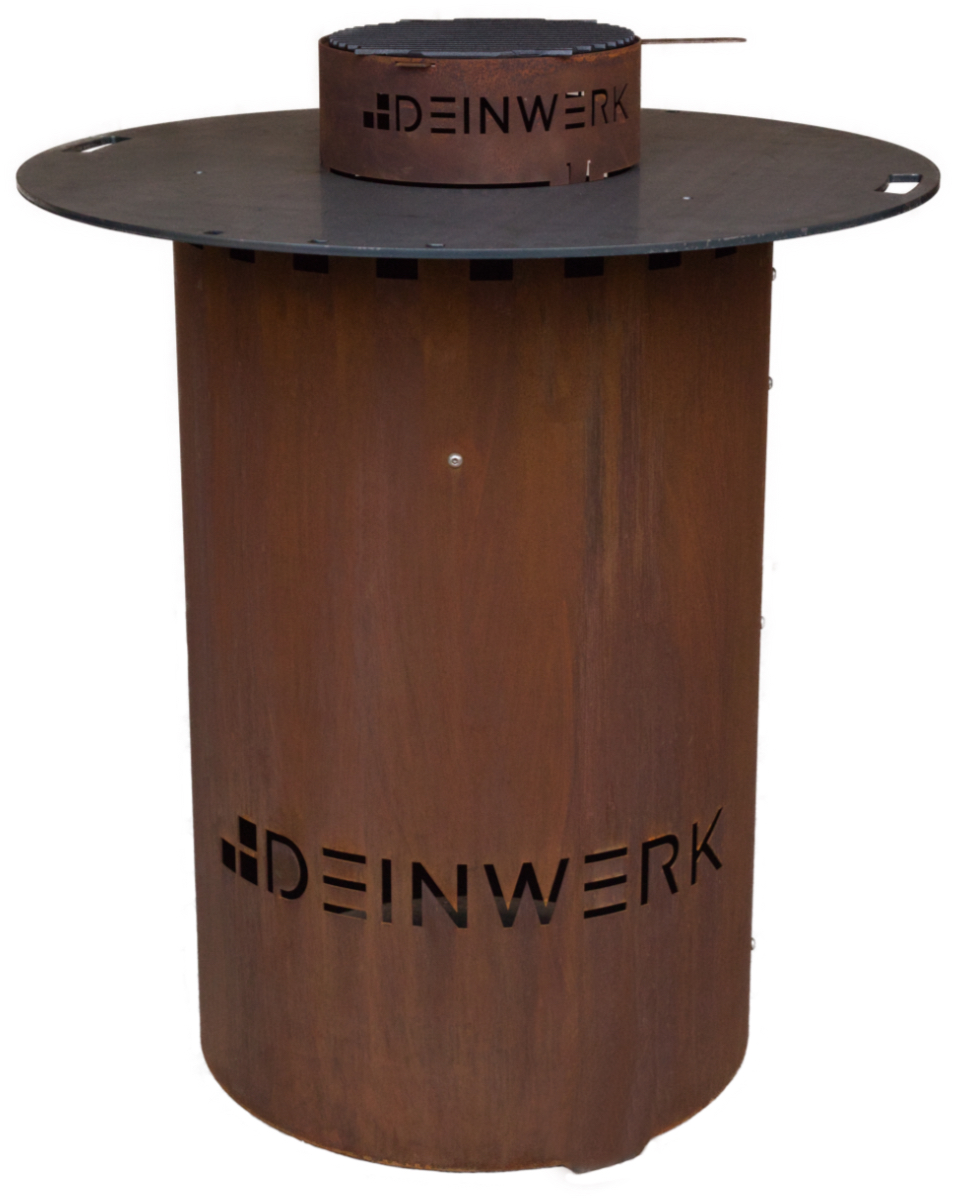 DEINWERK Grillfass-Set Grilltonne aus Corten Ø 90cm mit Plancha, Grillrost und Wok-Aufsatz