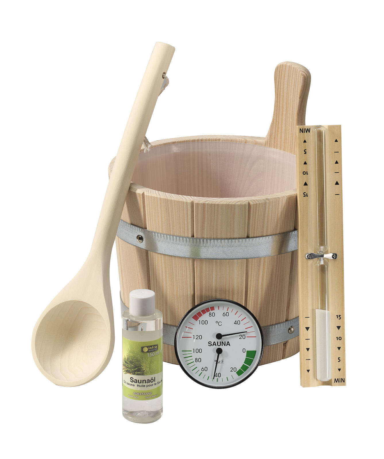 Infraworld Saunaset Idealo 6 teilig Aufgusseimer Kelle Sanduhr Hygrometer Saunaöl