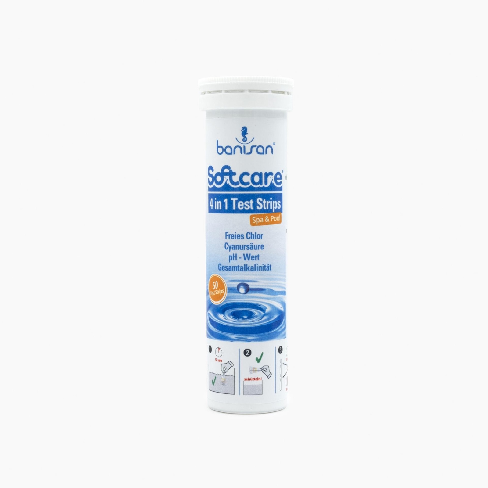 Softcare by Banisan Teststreifen 50 Stück 4 in 1 für Chlor, pH, Gesamtalkalität, Cyanursäure