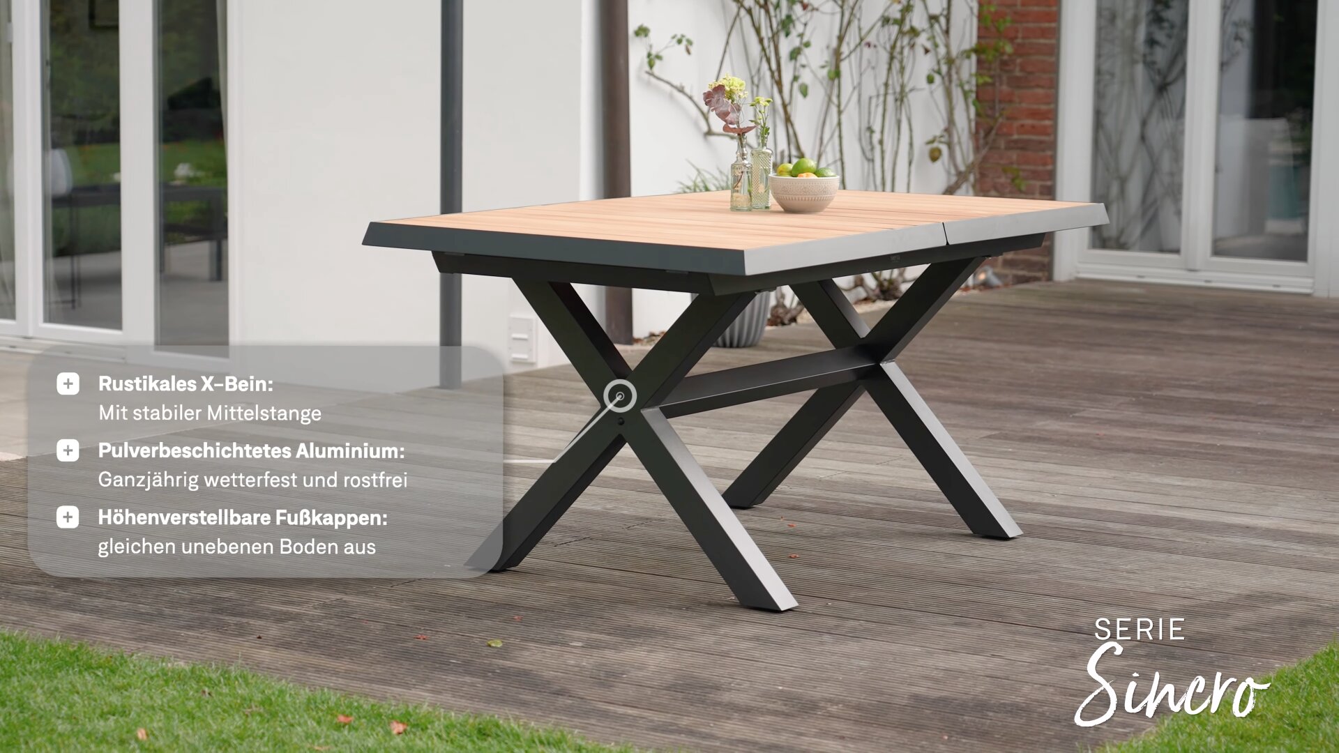 Siena Garden Sincro Ausziehtisch, ausziehbar – 160/200 x 90 cm, Aluminium (matt anthrazit) & HPL Ferro