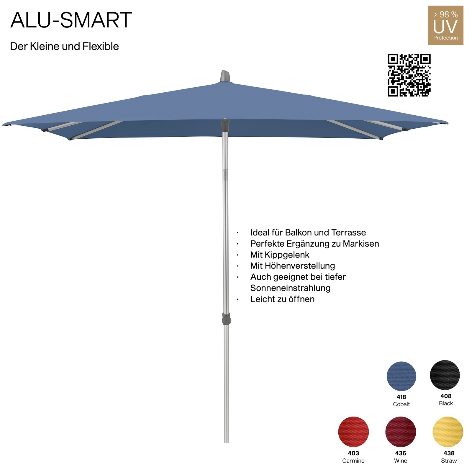 GLATZ Sonnenschirm ALU-SMART 210 x 150 cm Gestell natureloxiert in 5 Farben
