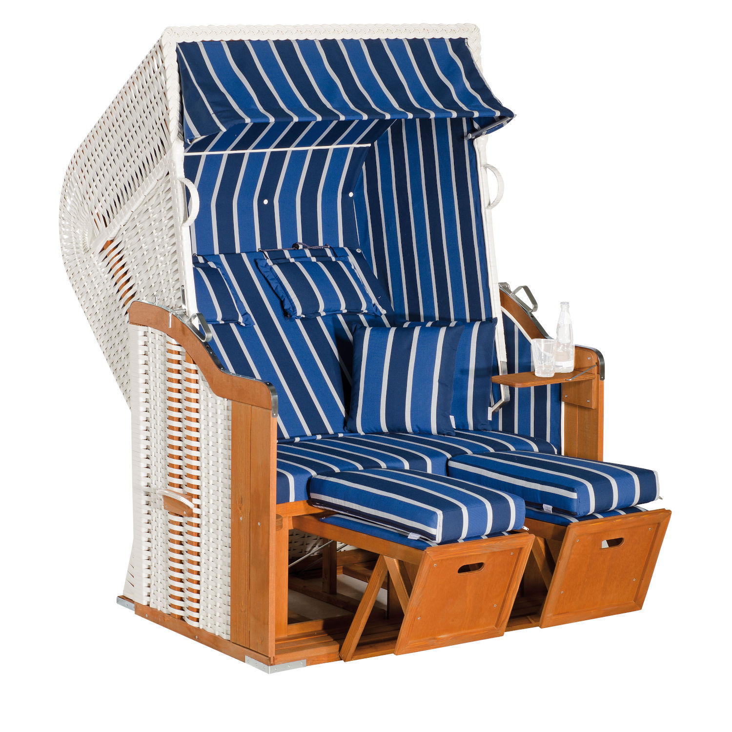 SunnySmart Rustikal Garten-Strandkorb 250 PLUS 2-Sitzer weiß/blau mit Kissen