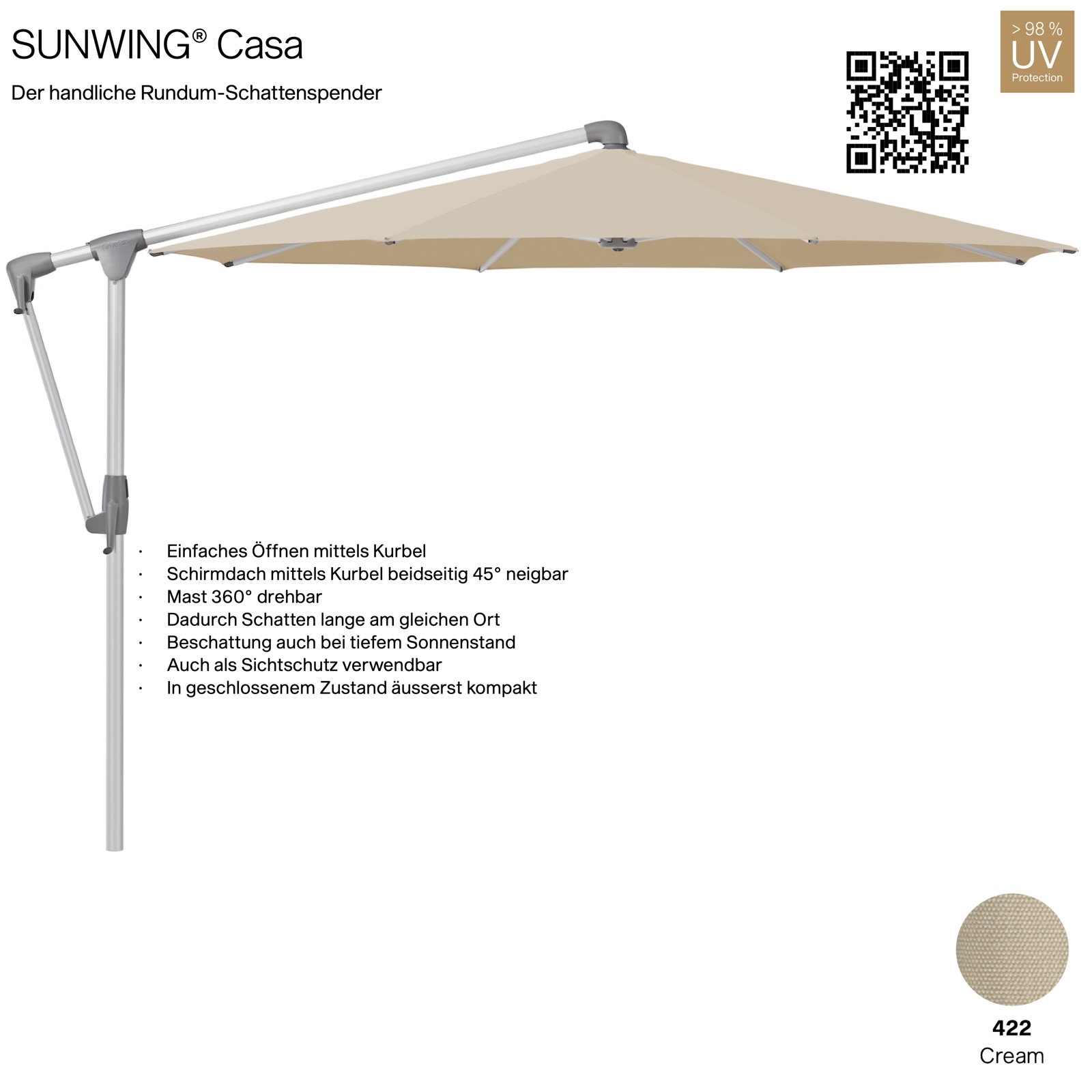 GLATZ Sonnenschirm SUNWING® CASA rund ø 300 cm Gestell natureloxiert Farbe 422 Cream Ampelschirm
