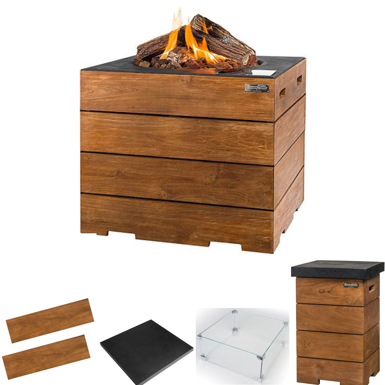 Happy Cocooning Mania Feuertisch Komplettset Lounge&Dining 19,5 kW quadratisch 76x76x67,5 cm Teakholz/schwarz