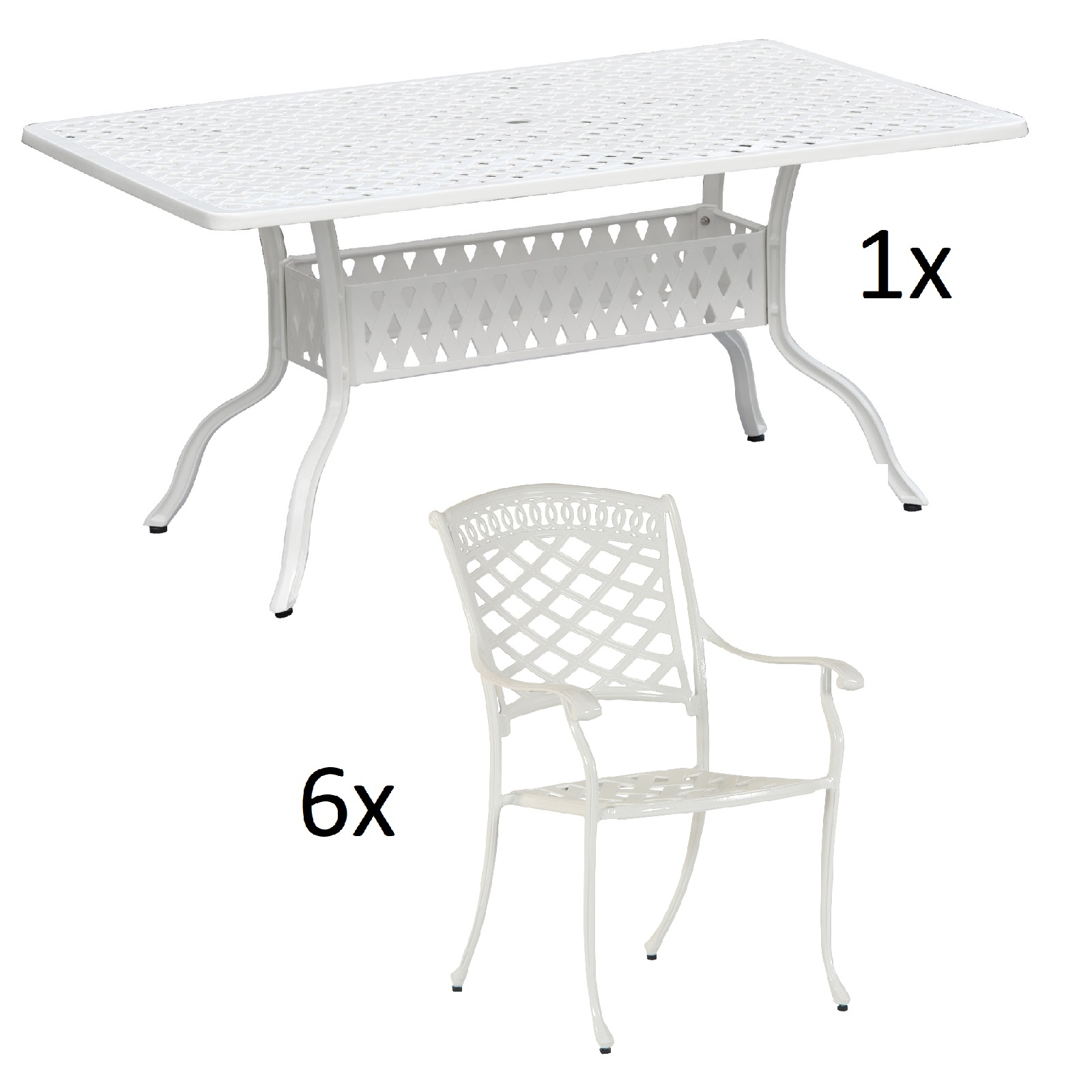 Inko 7-teilige Sitzgruppe Alu-Guss weiß Tisch 120x80x74 cm cm mit 6 Sesseln