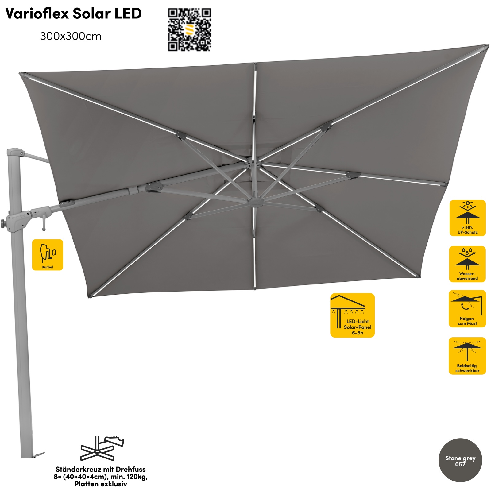 Sonnenschirm SUNCOMFORT® by Glatz Varioflex Solar LED 300 x 300 cm Farbe Stone Grey 057